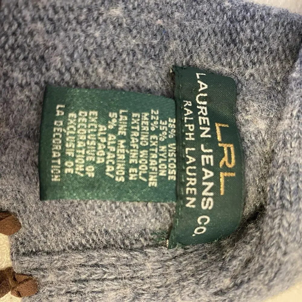 Ralph Lauren Merino Wool Blend Neck Warmer Scarf Blue Tweed Long Fringe Unisex